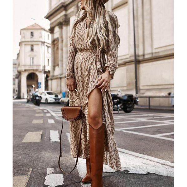 

casual dresses fashion maxi dress women autumn long sleeve v neck ruffle hem split leaves print for party gathering street wear, Black;gray
