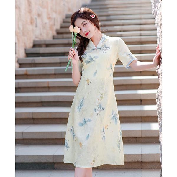 

ethnic clothing novelty chinese women cheongsam dress v-neck mandarin collar qipao skirt sweet print floral mid-length large size, Red