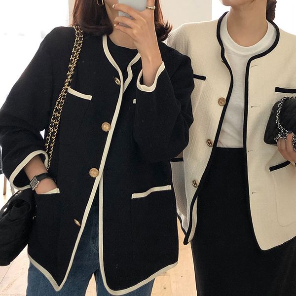 

2020 Autumn Winter Korean Style Vintage Tweed Jacket Women Long Loose Minimalist Ladies Elegant, Black;brown