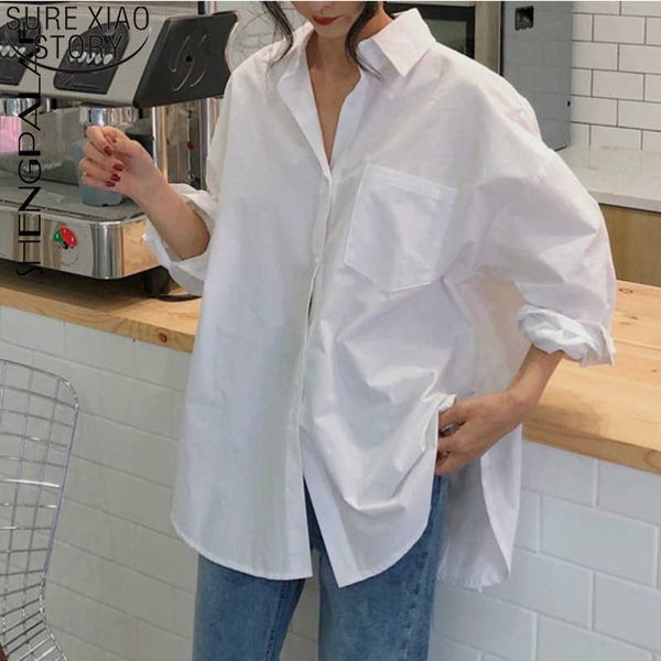 

spring autumn vintage lady women's loose blouses white shirt cotton long sleeve casual turn-down collar blusas 11456 210527