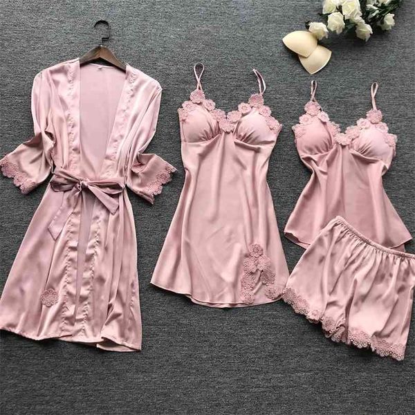 Mulher 4 peças Pijamas Sets Sexy Robe Faux Silk Sleepwear Roupeiro Roupão de Roupão Outono Moda Lingerie Tamanho Big 210809