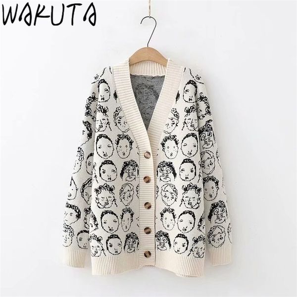 

wakuta funny cartoon v neck cardigan female knitwear japanese fall winter casual loose knit jacket sweater for women 210812, White