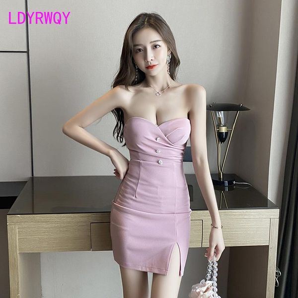 

casual dresses 2021 summer tube bag hip wrapped chest split dress office lady polyester zippers knee-length, Black;gray