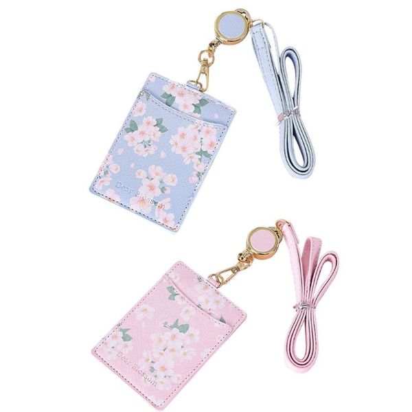 

card holders cute flowerspu leather bus id holder case portable badge retractable neck strap lanyard, Brown;gray