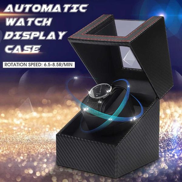 

watch boxes & cases display case automatic rotation winder mute watches storage organizer box carbon fiber+velvet us plug, Black;blue