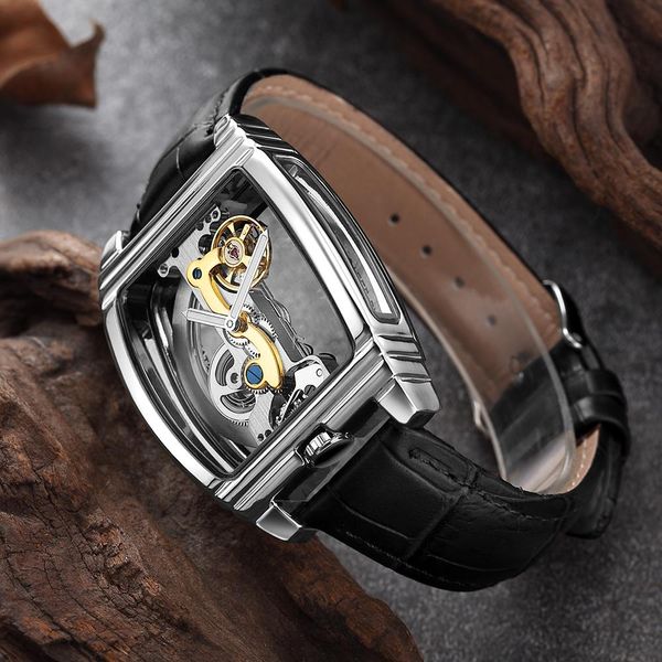 Topselling homens transparentes relógios mecânicos relógio de pulso automático de couro superior steampunk auto enrolando relógio masculino monte homme relógio