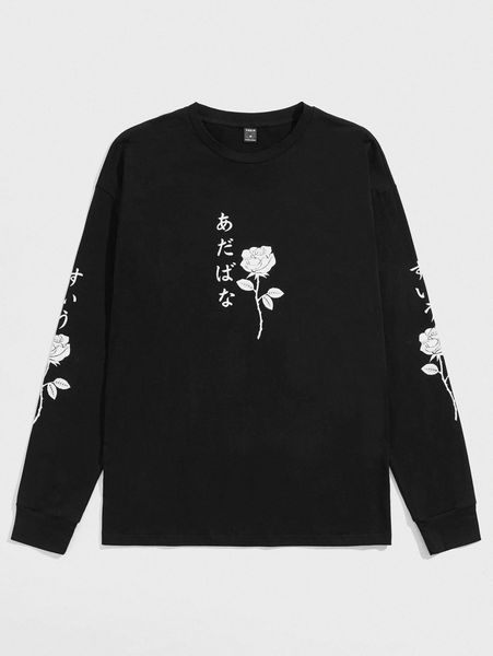 

men japanese letter & floral print tee i2yq#, White;black