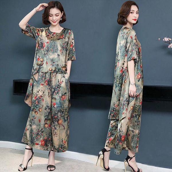 

plus size middle age womenpant 2 piece sets loose casual long floral print tee and wide leg pants suits d94, White