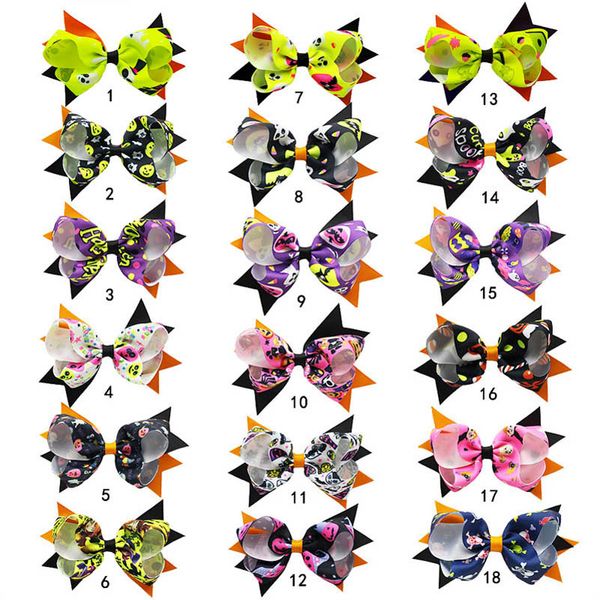 

girls hair accessories clips kids barrettes baby bb clip childrens halloween party bows hairpin pumpkin cartoon pattern ribbon 5.3inch b8203, Slivery;white
