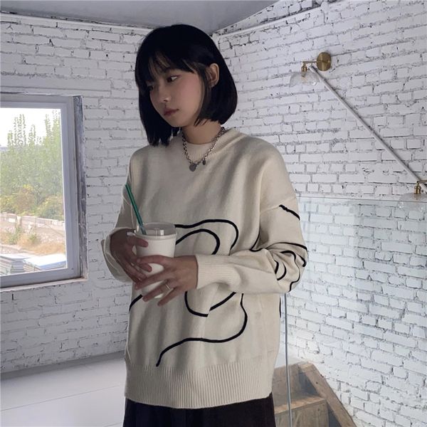 

2021 autumn new style swan pattern embroidery loose knit long sleeve sweater women 97tv, White;black