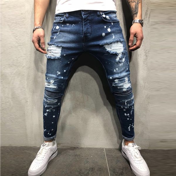 

2021 new men's painted ny slim fit straight ripped distressed pleated knee patch denim pants stretch jeans hpwz, Blue