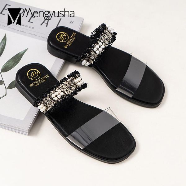 

transparent band pearl tassel slingback women sandals beach shoes women slippers slip on beads dlear gladiator sandalias 2021, Black