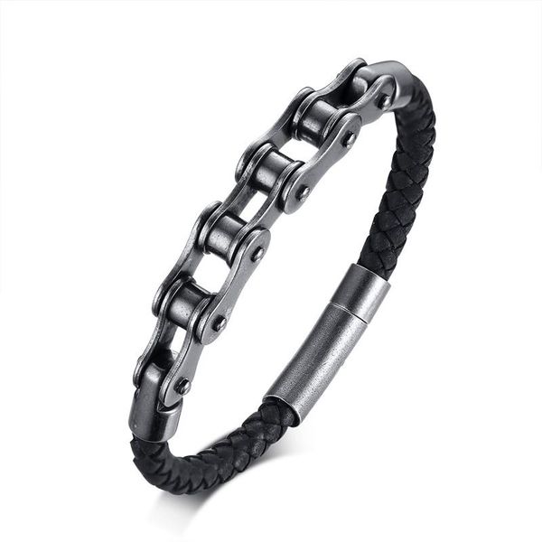 

bangle 2021 fashion european and american style stainless steel bicycle chain leather bracelet customized for men' accessories, Black