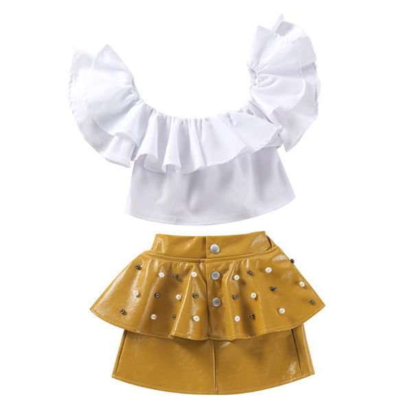 

clothing sets 2pcs girls trendy tracksuit, kids solid color flounce off-shoulder + rivet short leather skirt set, 2-7 years, White