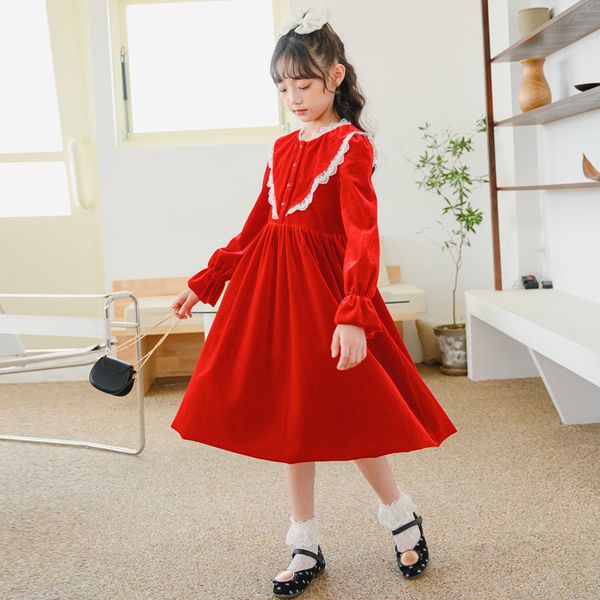 

girls dress elegant spring winter long sleeve red princess dresses childrens clothing 4 6 8 10 12 14 16y kids costume, Red;yellow