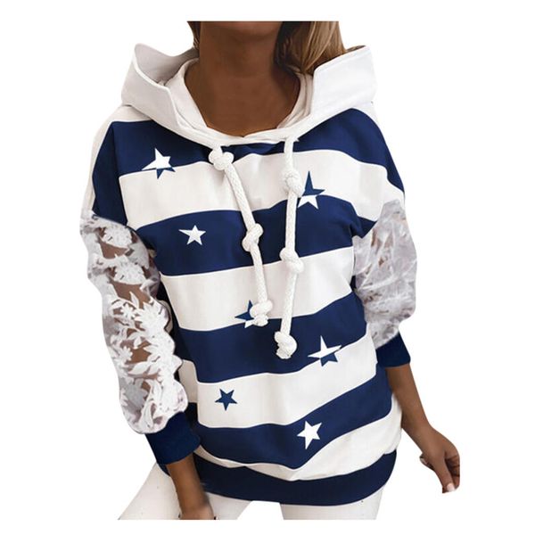 

autumn striped star hooded drawstring hoodies women lace dropped shoulder long sleeve female hoodie streetwear casual sweatshirt 201008, Black