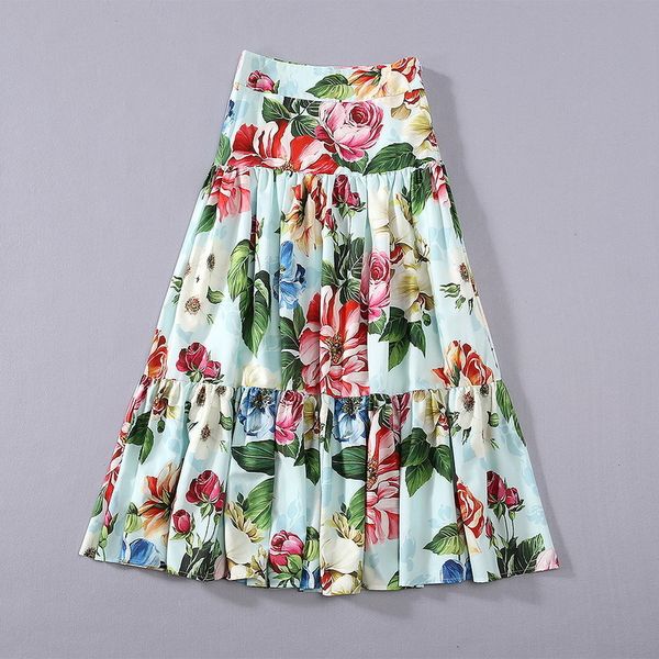 

runway designers high waist floral printed womens summer a-line midi woman skirts 1xhw, Black