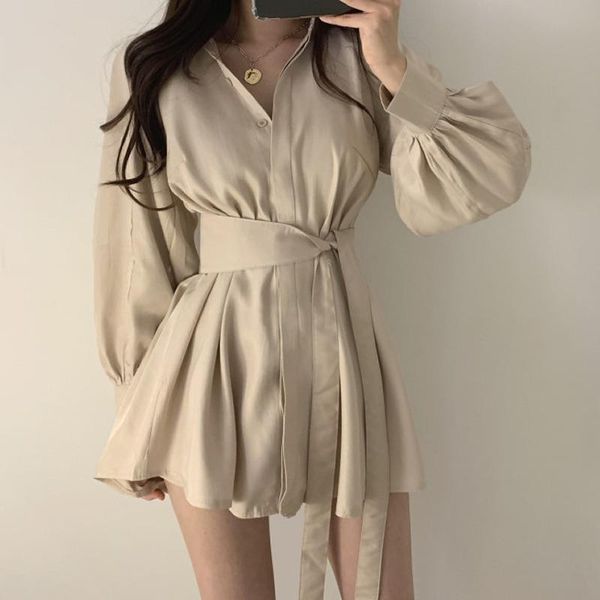 

casual dresses autumn chic bandage slim waist woman dress turn down collar long sleeve vestidos fashion ol office lady single breasted robe, Black;gray