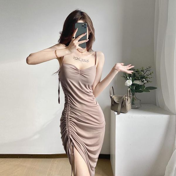 

casual dresses coigarsam women one piece korea dress loose solid pleated backless light coffee color robe, Black;gray