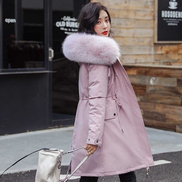 

women's winter thicken faux fur collar parkas coat warm cotton padded long jacket female 2021 embroidery military parkas woman v191209, Black