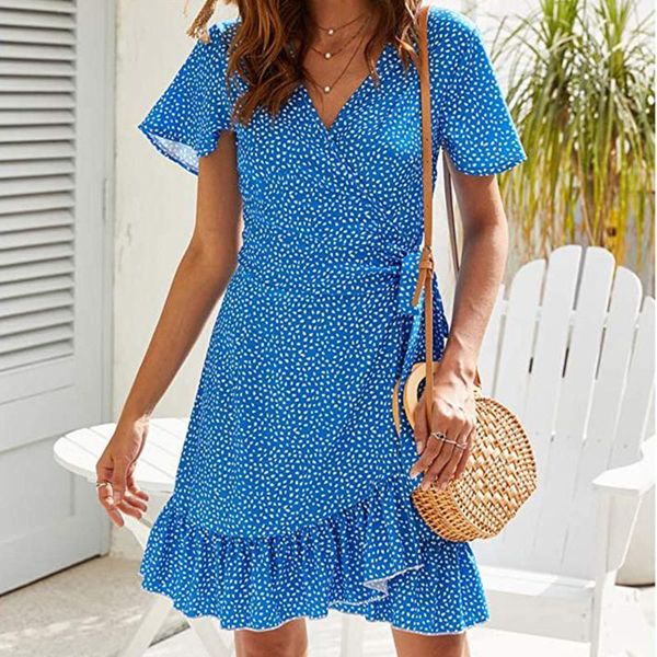 

casual dresses women elegant dot print ruffle dress summer ladies v-neck party short sleeve a-line beach vestidos, Black;gray