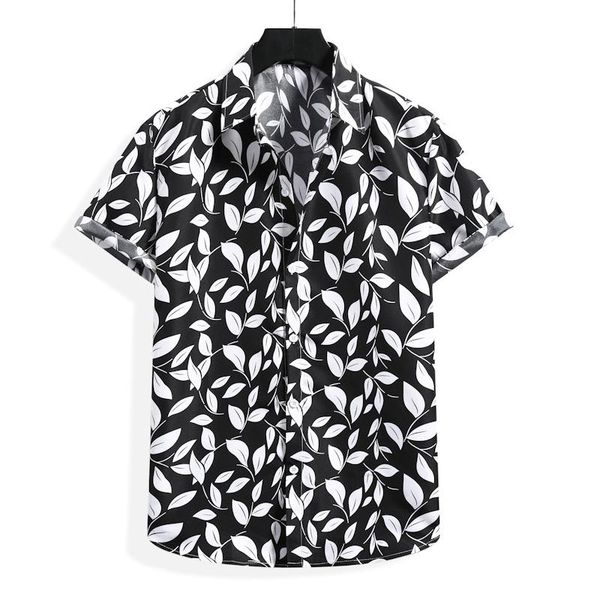 

men's casual shirts st10 creative white leaves pattern print short sleeved shirt men summer 2021 high-quality cotton linen beach chemis, White;black