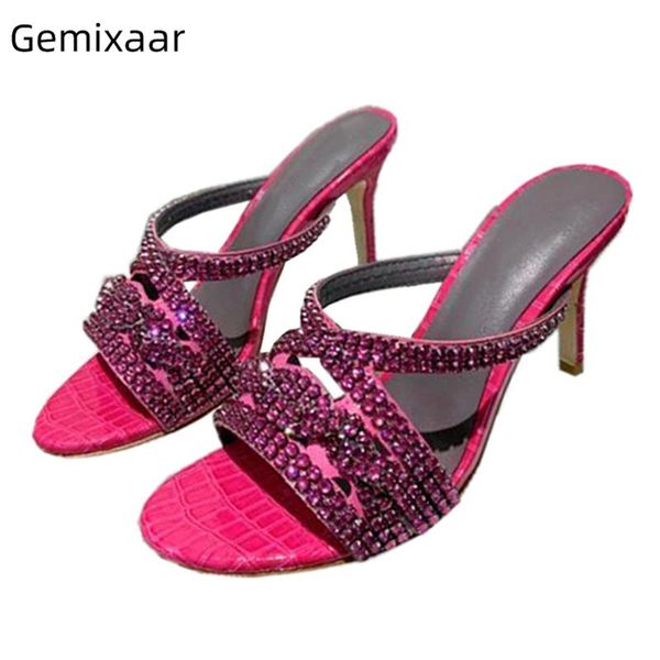 

dress shoes genuine leather rhinestone sandals women thin high heels open toe slingbacks diamond crystal summer mules, Black