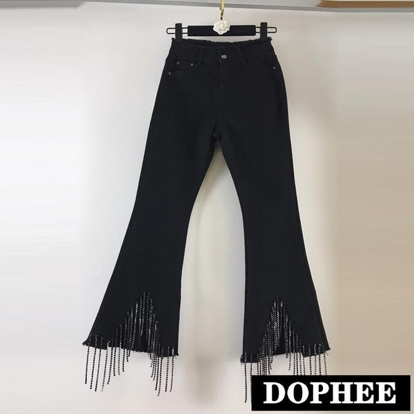 

women's jeans european heavy industry fringed diamond high-waisted slim-fitting 2021 flare trousers black denim pants, Blue