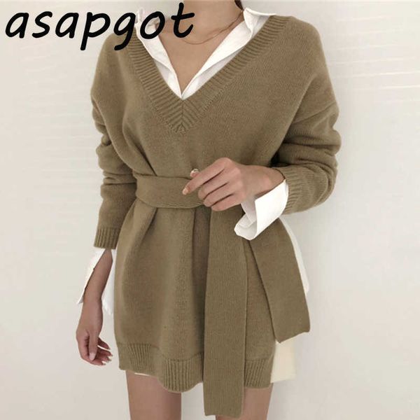 

korea chic autumn v neck belt split long sleeve khaki knitted woman sweaters lace up vintage casual fashion loose clothes 210610, White