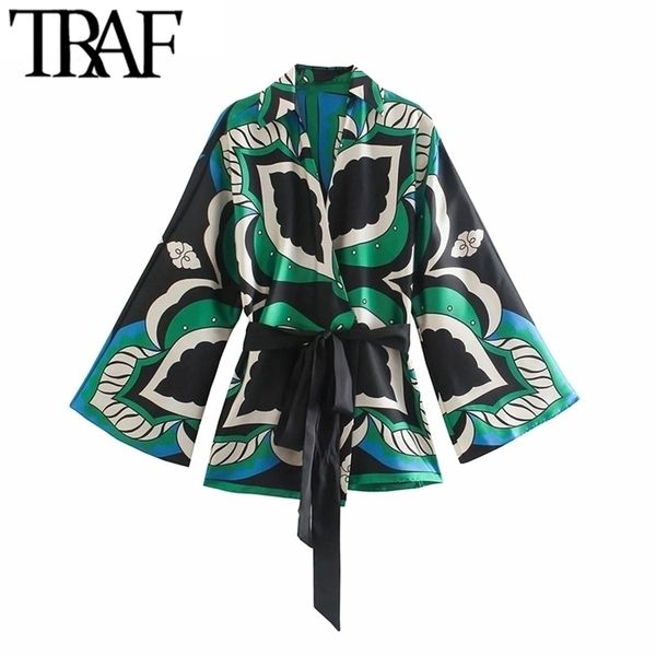 

traf women fashion with belt printed wrap kimono blouses vintage three quarter sleeve female shirts chic 220308, White