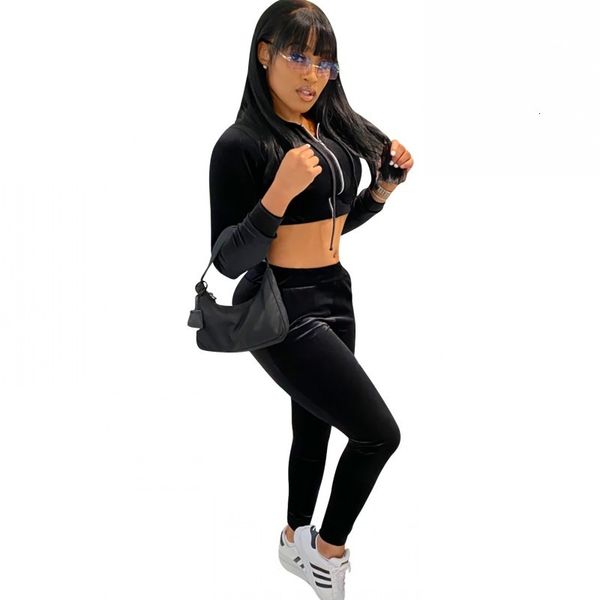 

solid velvet crop combined with women's hoodies'zipper and pants two pieces winter clothes fashion female matching training set r, Gray