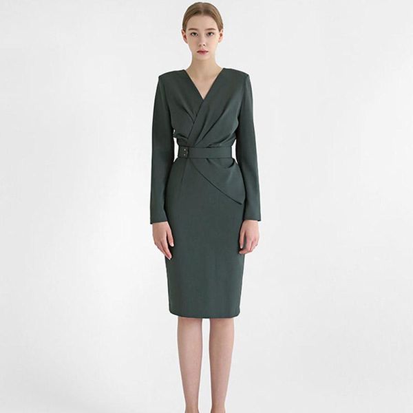 

casual dresses temperament v-neck slim high waist knee-length solid color office dress women 2021 autumn korean version, Black;gray