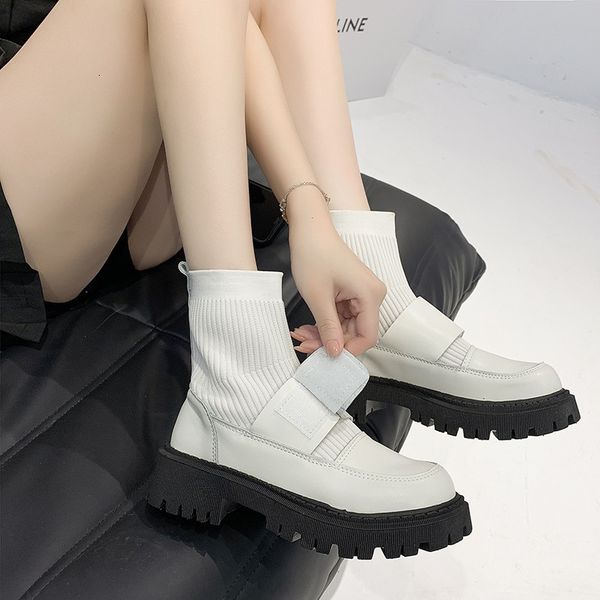 

british style short 2021 autumn winter elastic socks flat bottom small leather sho women's thick heel martin boots, Black