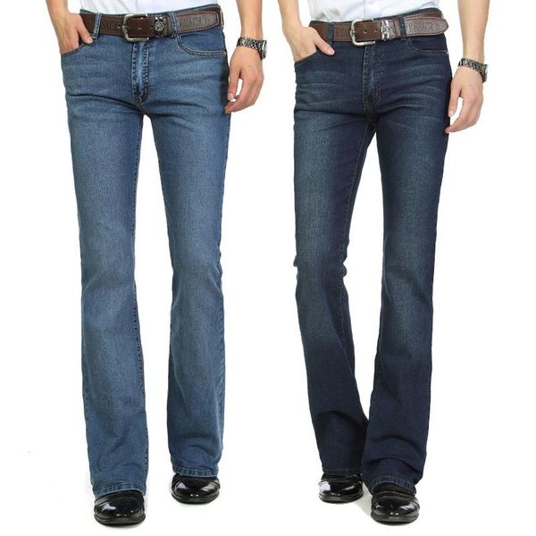 

men's jeans shzq and promotion men's mid waist elastic slim boot cut semi-flared bell bottom business casual four se, Blue