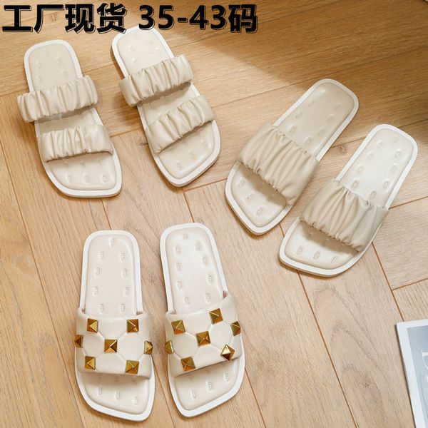 

luxury slippers large size 41-43 sandals for women's summer wear 2021 soft comfortable flat bottom fashionable rivet beach half trailer, Black