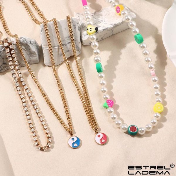 

chains korean multilayer cute colorful fruit beads necklaces imitation pearl beaded yin yang crystal chain for women jewelry, Silver