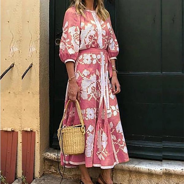 

casual dresses fashion floral print 3/4 sleeve autumn party dress harajuku pullover loose elegant o neck women long vestidos, Black;gray