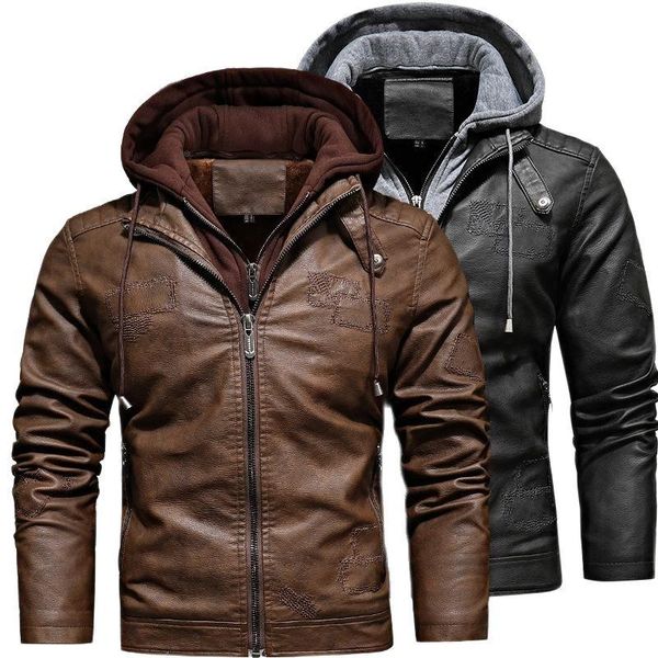 

men's jackets autumn and winter detachable hooded leather jacket fashion slim fit retro pu, Black;brown