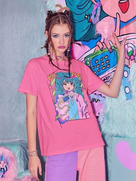 

romwe x chanran animeluv figure print tee z8go#, White