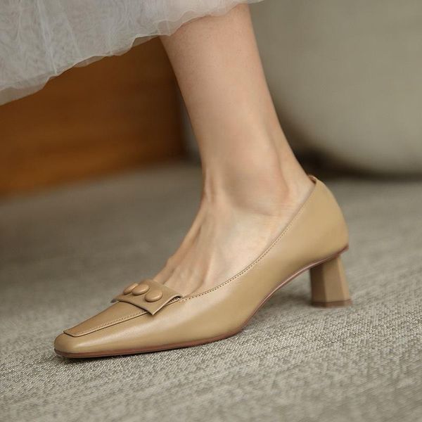 

comfortable soft genuine leather high heels square toe thin heel spring fashion casual women heels walking shoes high heel shoes, Black