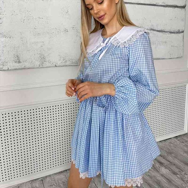 

lace trim removable peter pan collar plaid dress spring summer casual lantern sleeve belt a line mini dresses for women, Black;gray