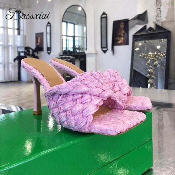 

luxury weave knited lazyman mules lady square open toe thin high heel slingbacks runway summer sandals women, Black