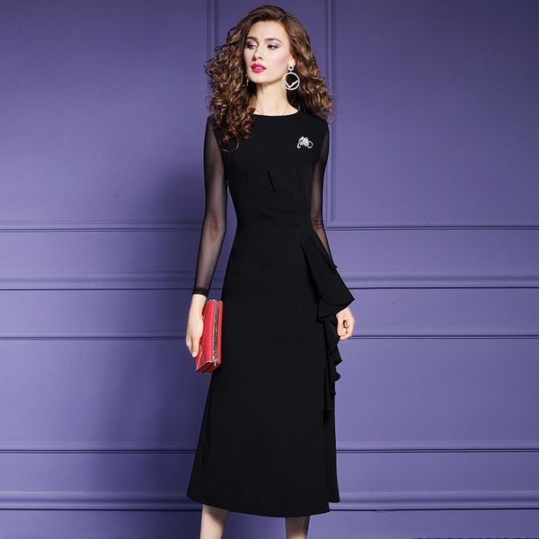 

2021 new office plus size long women's solid ruffle up ladies casual reception dress 7kdw, Black;gray
