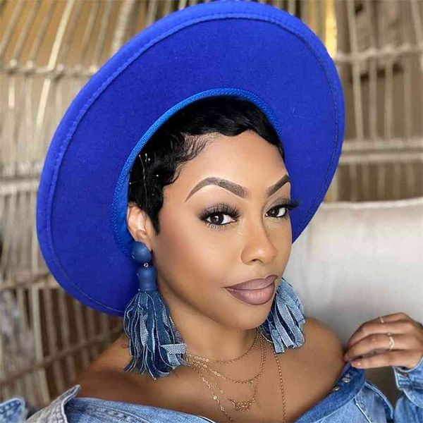 

fashion blue wide brim fedora hat for women solid color wool felt hats with band men autumn winter panama gamble jazz cap 210709, Blue;gray