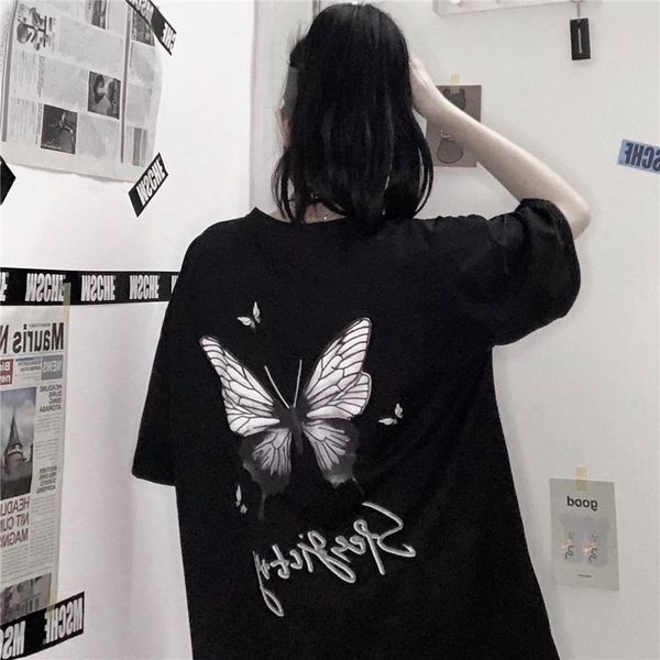 

women's t-shirt butterfly printed cotton short-sleeved dark and weird blouse body 2021 hip-hop korean harajuku couple, White