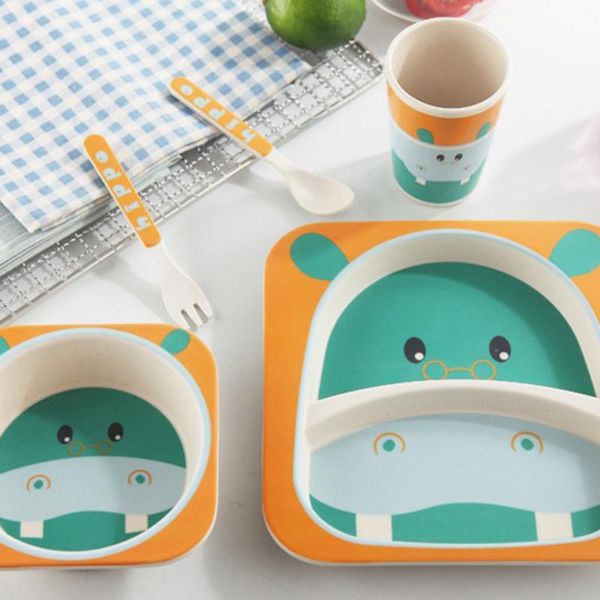 

flatware sets 5pcs/set kids tableware set baby bamboo fiber cartoon bowl animal dinnerware toddler cup spoon fork