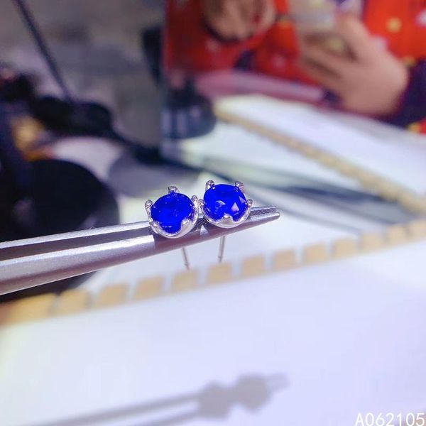 

stud fine jewelry 925 pure silver chinese style natural sapphire girl fresh small elegant round gem earrings ear support detecti, Golden;silver