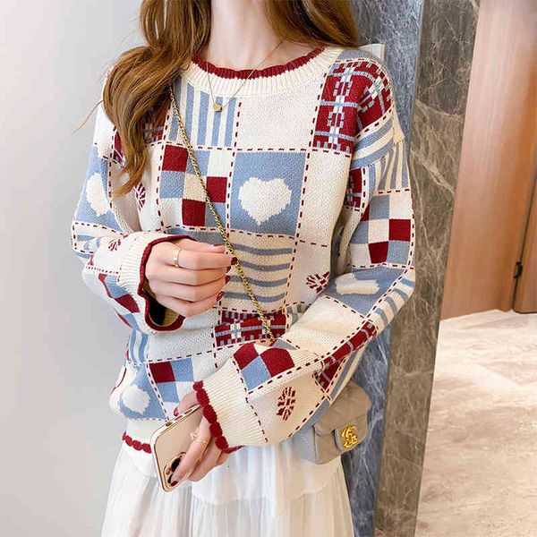 

women's sweaters women knitted sweater plaid color block casual pullovers sueter mujer new winter loose female street style knitwe, White;black