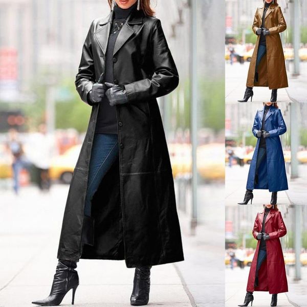 

women's trench coats 40%women's autumn and winter solid color imitation leather long slim windbreaker ladies waterproof women&#039, Tan;black