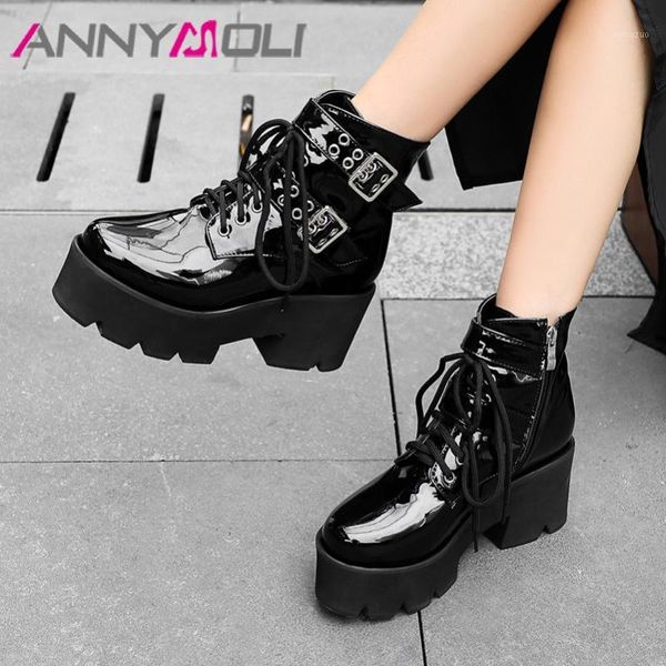 

boots annymoli patent leather platform high heel short women shoes buckle thick heels motorcycle zip lace up1, Black